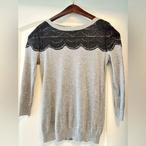 Lauren Conrad Women’s XS Sweater In Gray With Black Lace On Shoulders and Neck